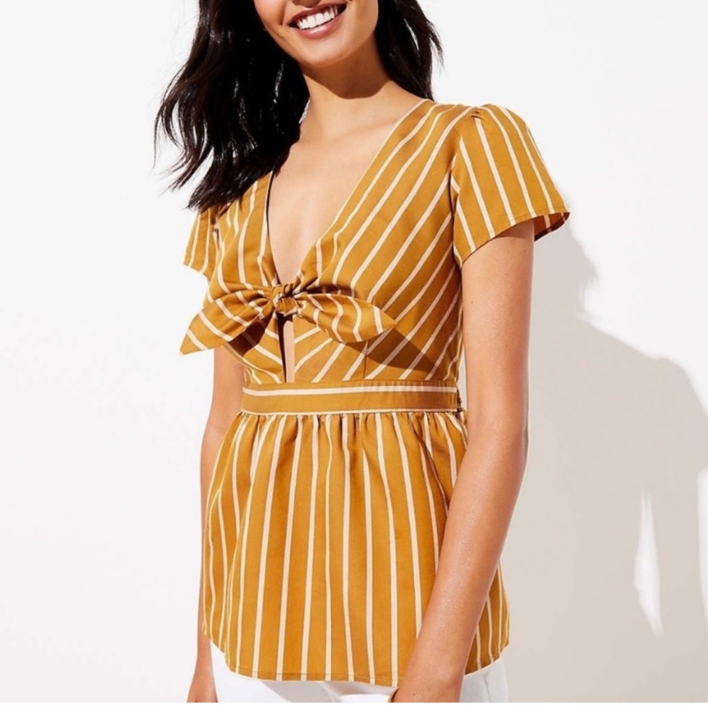 Loft Beach | V-Neck Striped Keyhole Tie Front Short Sleeve Peplum Top Bronze S